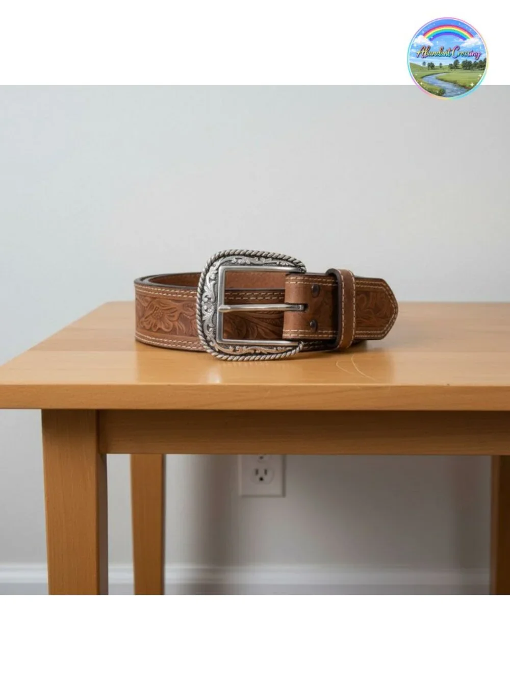 Leather Floral Embossed Belt with Buckle Closure for Dress or Jeans